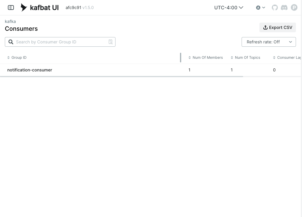 Kafka UI — the notification-consumer group and its lag, the metric KEDA scales on